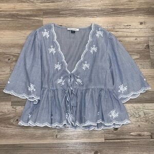 American Eagle Embroidered Tie Front Top